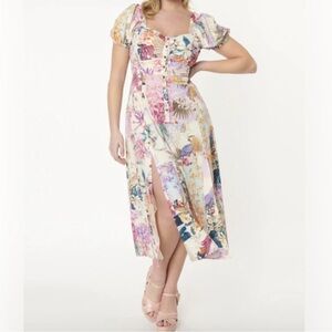 Unique Vintage Multicolored Floral Parrot Wild Hearts Run Free Midi Dress NWT Mv